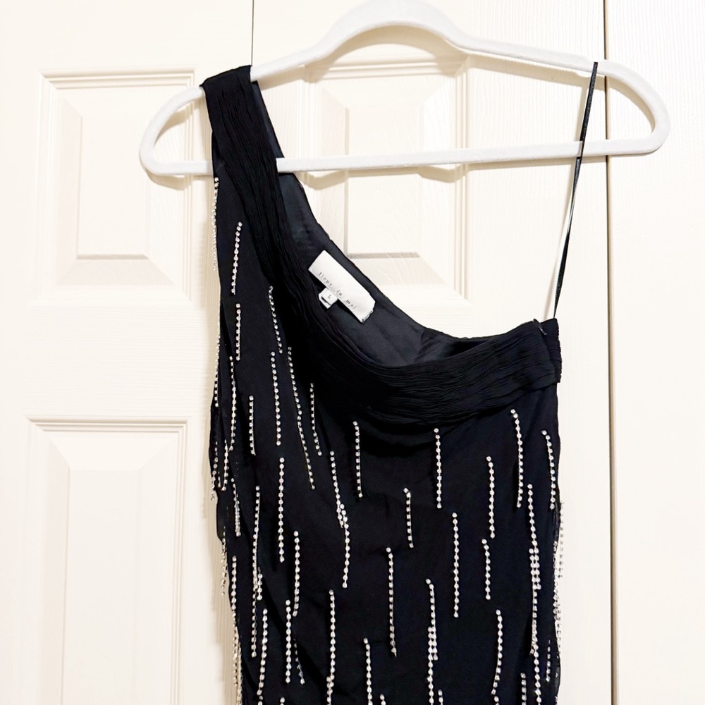 Fleur Du Mal One Shoulder Dangling Stones Rhinestone Fringe Dress in Black Large - Picture 11 of 12